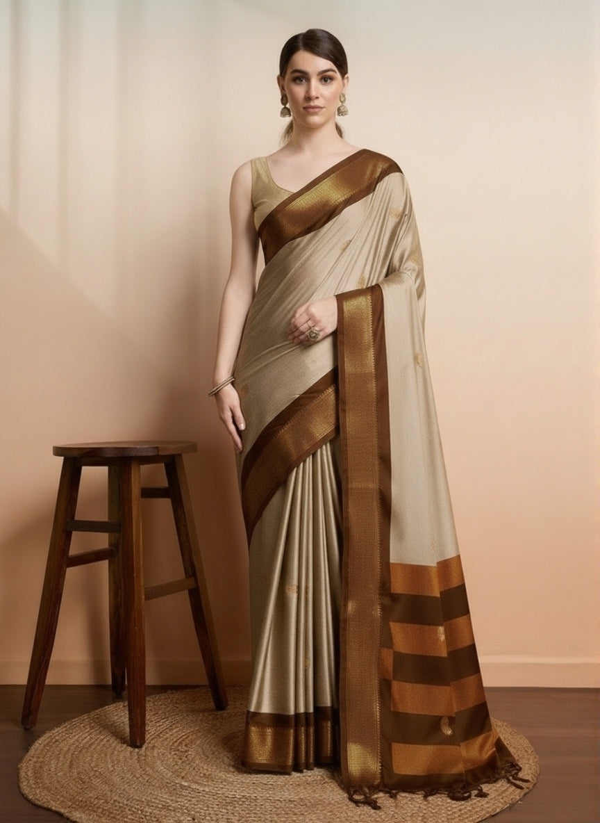 Elegant Tussar Beige & Rich Brown Paithani Cotton Silk Saree